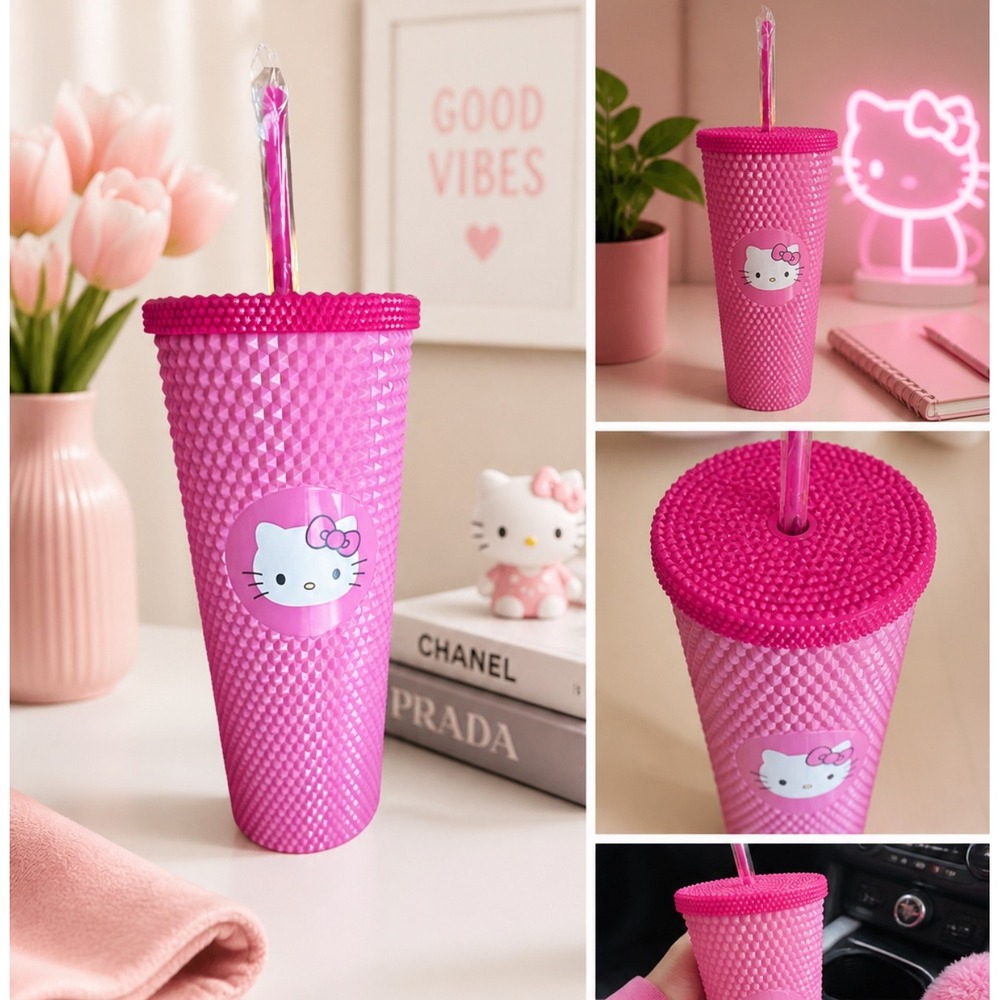 NEW Viral tiktok Sanrio Hello‎ Kitty studded tumbler cup Straw & Lid 24 oz